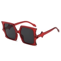 Red translucent square sunglasses with bat-wing serrated edges and dark grey lenses - Red Frame Dark Grey Lens