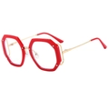 Montatura occhiali geometrica rossa con stanghette in metallo dorato su sfondo bianco - Montatura Rossa