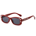 Retro square frame sunglasses in dark red with rhinestone accents and grey lenses - Red Frame Dark Grey Lens