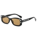 Retro square thick frame sunglasses with rhinestones and amber lenses in 45-degree view - Black Frame Tea Lens