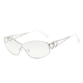 Silver cat-eye sunglasses with unique double heart diamante frame and white temple tips - Silver Frame Silver Mirror Lens
