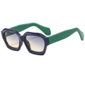 Navy blue geometric sunglasses with neon green temples and gradient lenses - Blue Frame Blue Tea Lens