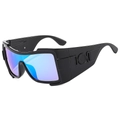 Oversized wrap-around shield sunglasses with blue-purple gradient lenses and wide temples - Black Frame Blue Lens