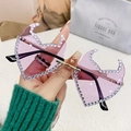 Frameless flame-shaped sunglasses with purple lenses and rhinestone trim for women - Gold Frame Light Purple Lens