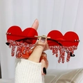 Lunettes de soleil cœur rouge sans monture avec détails de larmes en strass brillants - Monture Dorée Verres Rouges