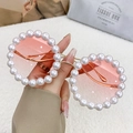 Luxury round pearl sunglasses with pink gradient lenses and wavy gold metal temples - Gold Frame Gradient Pink Lens