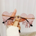 Pink heart-shaped rimless sunglasses with dangling pink rhinestone teardrop tassels - Gold Frame Pink Lenses