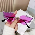 Y2K rimless flame sunglasses with purple crystals and golden metal bridge - Gold Frame Purple Lens