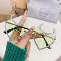 Green rimless rhinestone sunglasses with flame shaped lenses and gold metal temples - Gold Frame Green