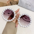 Luxury round sunglasses with large pearls, gradient purple lenses and gold metal frames - Gold Frame Gradient Grey Lens