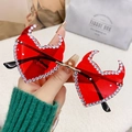 Chic red flame-shaped rimless sunglasses with rhinestone edges and gold metal bridge - Gold Frame Red Lenses