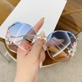 Luxury oversized rimless sunglasses with gradient lenses and rhinestone crystal accents - Gold Frame Blue Pink