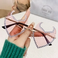 Pink batwing rimless sunglasses with rhinestone trim and gold metal temples - Gold Frame Pink Lenses
