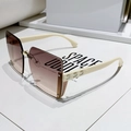 Modern rimless sunglasses with gradient brown lenses and white temples featuring gold U-buckles - Off White Frame Gradient Tea Lens