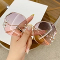 Lunettes de soleil sans monture de luxe avec verres dégradés roses et strass chic - Monture Dorée Dégradé Gris-Rose
