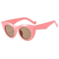 Retro cat-eye sunglasses with pink frames and dark brown round lenses on white background - Pink Frame Tea Lens