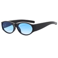 Retro oval sunglasses with glossy black frames and gradient blue lenses in 45-degree view - Black Frame Gradient Blue Lens