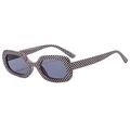 Square sunglasses featuring a pink and black houndstooth pattern frame with dark lenses - Checkerboard Frame Black Gray Lens