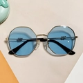 Occhiali da sole per bambini retrò ottagonali dorati con lenti azzurre e dettaglio cuore - Montatura Dorata Lenti Blu