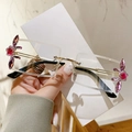 Square rimless sunglasses with pink crystal floral accents and gold metal temples - Gold Frame Clear Lens