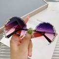 Frameless round sunglasses with purple gradient lenses and rhinestone flower details - Gold Frame Purple Pink Gradient