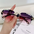 Gafas de sol sin montura degradado púrpura con flores de strass y detalles dorados - Marco Dorado Gris Rosa Degradado