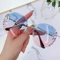 Handheld rimless blue-pink gradient sunglasses with rhinestone floral accents - Gold Frame Gradient Blue Pink