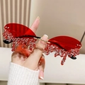 Fashionable rimless angel tears sunglasses with red lenses and dripping crystal rhinestones - Gold Frame Red Lenses