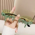Frameless rimless sunglasses with green crystal teardrop drip and gold metal temples - Gold Frame Green