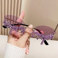 Fashion rimless sunglasses with purple lenses and shimmering crystal fringe tassels - Gold Frame Purple Lens