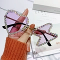 Chic rimless heart and star shaped sunglasses with colorful rhinestones and gold metal bridge - Gold Frame Purple Lens