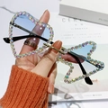 Chic rimless heart-shaped sunglasses with blue gradient lenses and colorful rhinestones - Gold Frame Blue Brown Gradient
