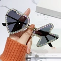Asymmetric heart and star rimless sunglasses with colorful AB rhinestones and gray lenses - Gold Frame Black Grey