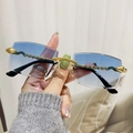 Fashionable rimless square sunglasses with blue gradient lenses and golden panther accent - Gold Frame Gradient Blue Lens