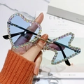 Frameless heart shaped sunglasses with blue lenses and rhinestones for party fashion - Gold Frame Blue Lenses