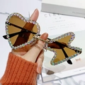 Frameless rhinestone sunglasses with asymmetric heart and butterfly lenses in brown tea tint - Gold Frame Tea Lens