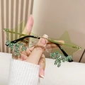 Star shaped rimless sunglasses with green lenses and sparkling rhinestone fringe detail - Gold Frame Green