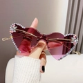 Lunettes de soleil cœur sans monture avec verres dégradés et strass multicolores - Monture Dorée Verre Dégradé Violet