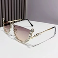 Luxurious gold metal semi-rimless sunglasses with brown gradient lenses and crystal rhinestones - Gold Frame Gray Pink Lens