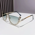 Modern gold half-frame cat-eye sunglasses with gradient green lenses and crystal inlay - Gold Frame Gradient Green Lens