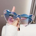 Frameless heart-shaped sunglasses with blue and pink gradient lenses and rhinestones - Gold Frame Gradient Blue Pink Lens