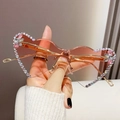 Frameless pink gradient heart sunglasses with crystal flower and diamond accents - Gold Frame Gradient Pink Lens