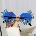 Frameless tear-shaped sunglasses with blue lenses and sparkling rhinestones - Gold Frame Blue Lenses