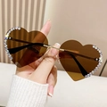 Rahmenlose Herz-Sonnenbrille mit braunen Gläsern und bunten Strasssteinen - Goldener Rahmen Tee Gläser