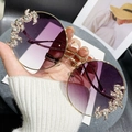 Frameless oversized sunglasses with purple gradient lenses and gold rhinestone frame - Gold Frame Gradient Grey Lens