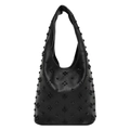 Detail of black lychee grain leather with metallic studs in a gothic cross pattern - Black