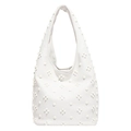 White pebbled leather hobo tote bag featuring 3D floral accents and stud decorations - White
