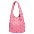 Pink large capacity hobo bag with pink stud embellishments and soft lychee texture - Pink