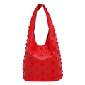 Vibrant red lychee texture hobo bag featuring decorative studs and wide handle - Red