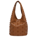 Brown litchi leather tote bag with 3D rivet studs and integrated handles for women - Brown